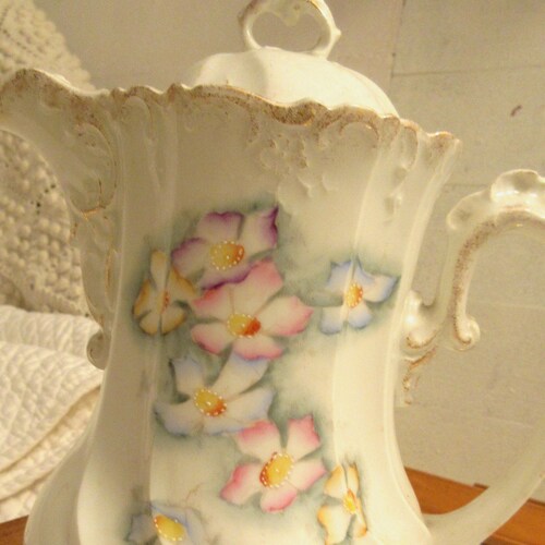 Antique Victorian teapot, porcelain, handpainted, soft floral shops design, unusual twisted body, rococo embelishments, excellent condition