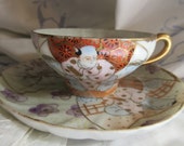 1890 39 s satsuma style tea cup and saucer, hand painted, eggshell porcelain, japanese motif, pastel colors, unusual, excellent condition