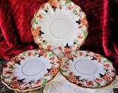 Victorian handpainted china plates, 1800s imari style design, floral, no markings, ridged swirls, excellent condition,1 server, 2 lunchplate