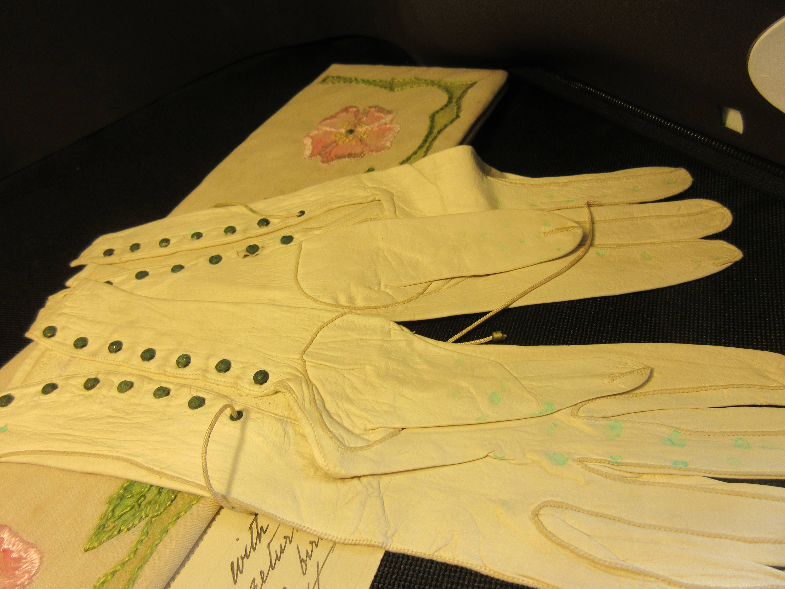 Vintage Kid Gloves and Glove Holder With Note, Embroidered and 
