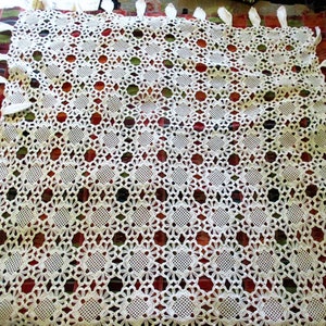 lovely hand crocheted white cotton tablecloth, interesting tassels, spotless, square motif design, 1950's vintage, excellent condition