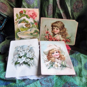4 cartoline pubblicitarie vittoriane, fronti decorativi, messaggio sul retro, da collezione vittoriane, 1800, più grandi delle cartoline, scrapbooking