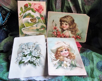 4 wiktoriańskie karty reklamowe, dekoracyjne fronty, wiadomość z tyłu, kolekcjonerskie Victoriana, lata 1800., większe niż pocztówki, scrapbooking