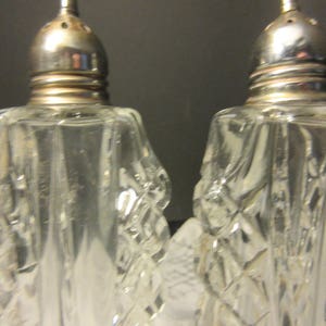 tall, elegant cut glass salt and pepper,antique, Edwardian, 1900's/1910's, silver plated tops, excellent condition, classy, classic, image 3
