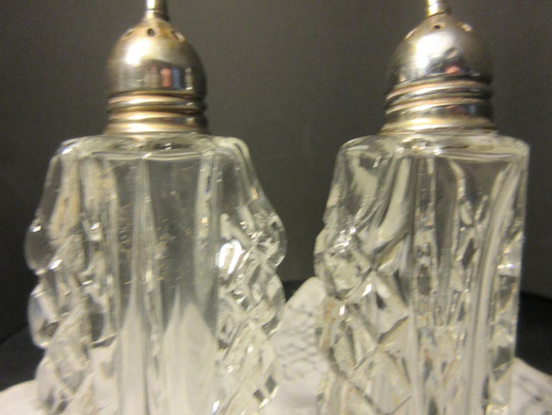 tall, elegant cut glass salt and pepper,antique, Edwardian, 1900's/1910's, silver plated tops, excellent condition, classy, classic, image 3