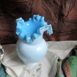 antique hand blown glass vase, white outside, blue folded/rippled edge, bulbous shape, sculptural, 1800s antique ,decor, excellent condition
