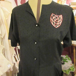 1940&#39;s silk day dress, black, red monogram, rhinestone buttons, shirtwaist style, pockets, work or play, vintage, fun and funky, classic