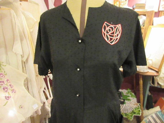 1940's silk day dress, black, red monogram, rhines