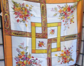 fun midcentury scarf, 1950's, made in Japan, floral and geometric, orange/white/paisley, acetate, super condition, hand hemmed