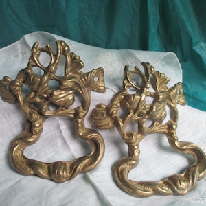 2 magnificent art nouveau cast brass handles, ormolu drawer handles. intricate leaf pattern, one piece design, rare, solid,, heavy fantastic