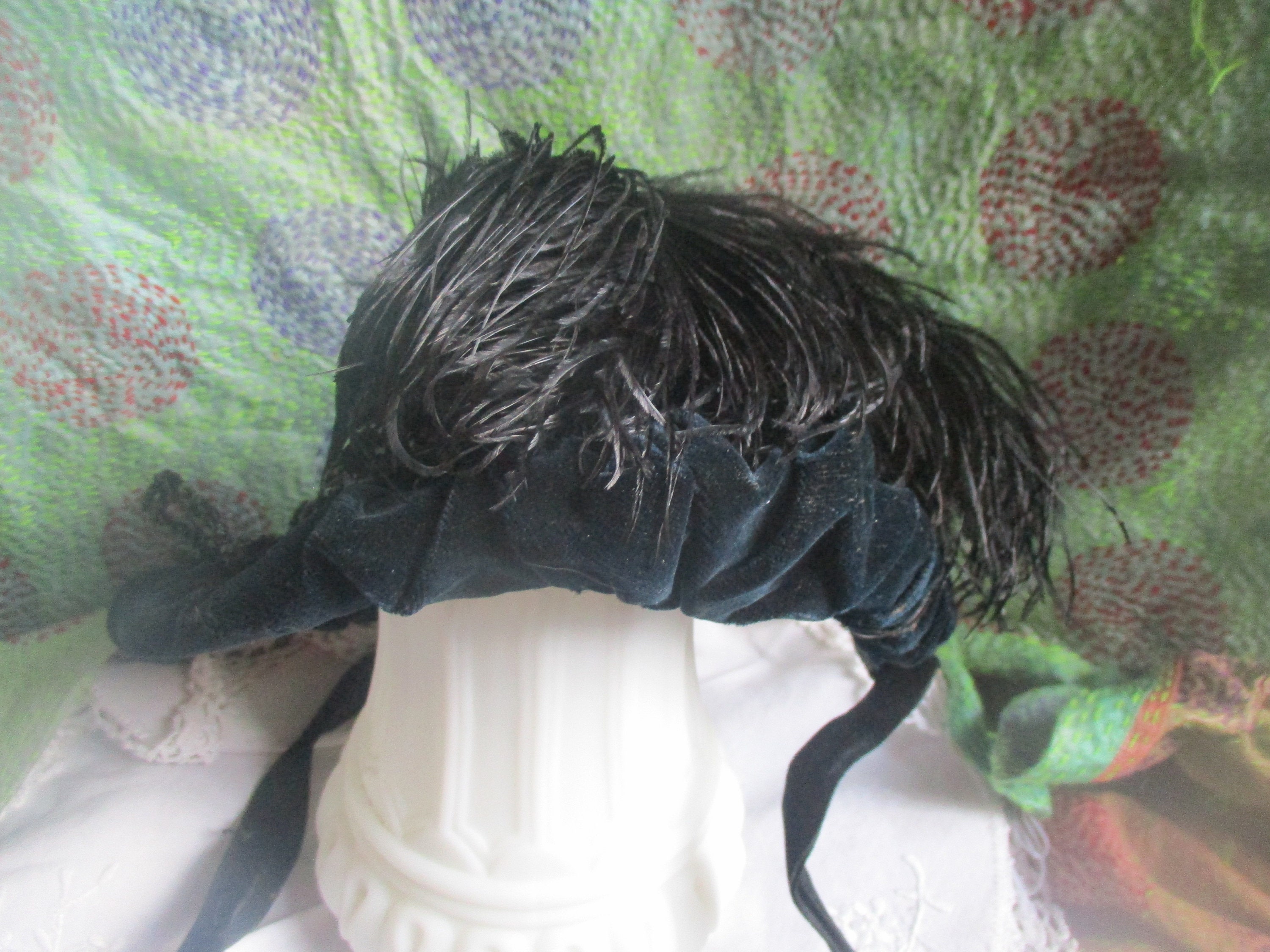 Antique 1800s Victorian Black Velvet Lace Mourning Bonnet Hat Feather Silk Tie Victorian Mourning Hat Indiana Women main image 4