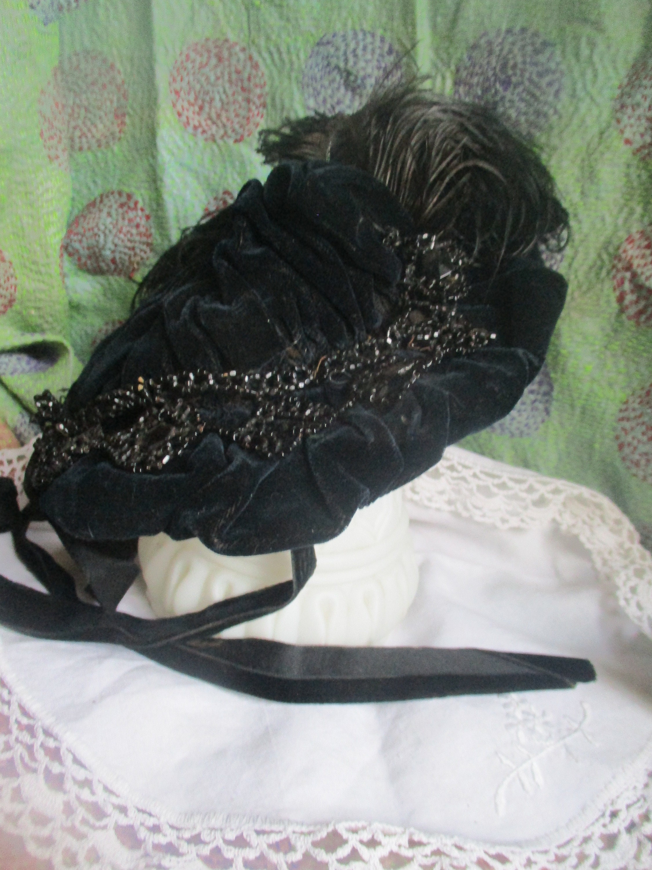 Antique 1800s Victorian Black Velvet Lace Mourning Bonnet Hat Feather Silk Tie Victorian Black Velvet Mourning Bonnet, Beadwork, Ostrich  main image 3