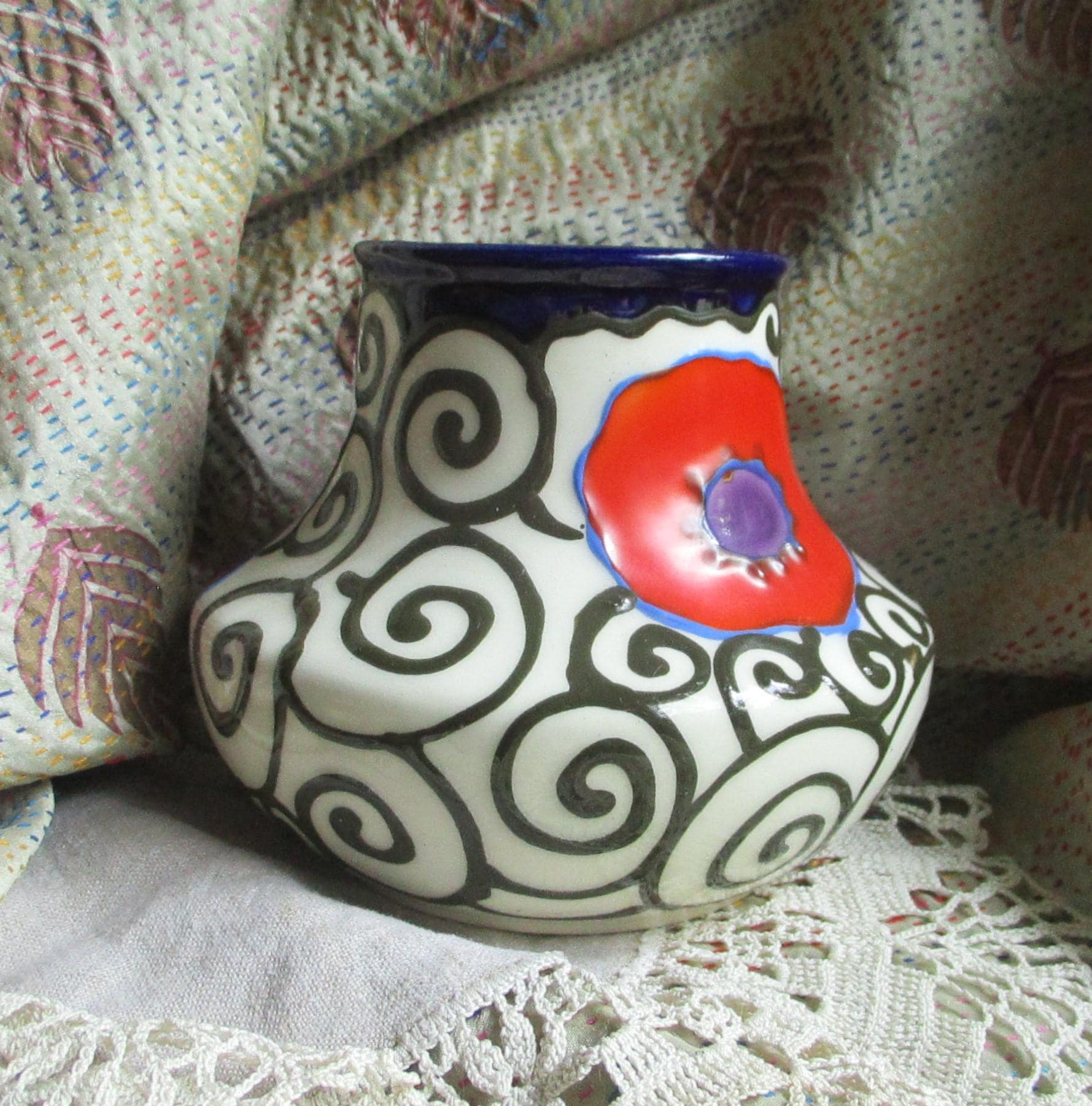 Stunning Ditmar Urbach Vase, Black and White Pottery, Swirl Design