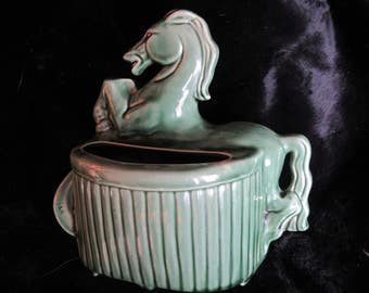 art pottery planter, deco horse design, green glaze, excellent condition, late 30's, amazing design, intricate, elaborate, collectible