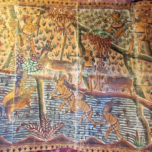 antique Edwardian handpainted linen, Indian/Asian rice field workers, folk art, wall art, frameable, rare find, ethnographic, circa 1900,