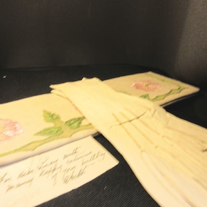 Vintage kid gloves and glove holder with note, embroidered and hand painted fine lisle holder, silk embroidery, shabby chic, collectible