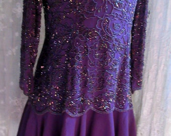 Robe De Soirée Oleg Cassini Noire à Cravate Marron Avec Perles - Taille 8 - Soie Et Rayonne - Occasion Très Bon état
