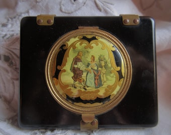 bakelieten art deco compacte koffer, met handbeschilderde schijf aan de voorkant, Franse hovelingen uit de 18e eeuw, zeer ongebruikelijk, goede staat, lege binnenkant