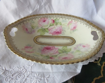 Edwardian art Nouveau hand painted china bowl, 1900, Bavarian, pink roses, handles, candy/nut/trinket bowl, excellent condition,collectible