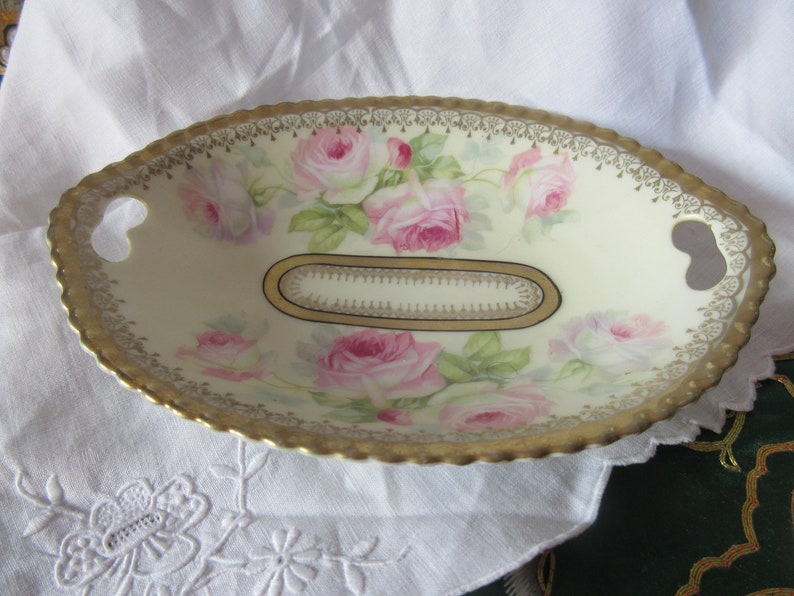 pink roses 1900 Bavarian handles candynuttrinket bowl excellent condition,collectible Edwardian art Nouveau hand painted china bowl