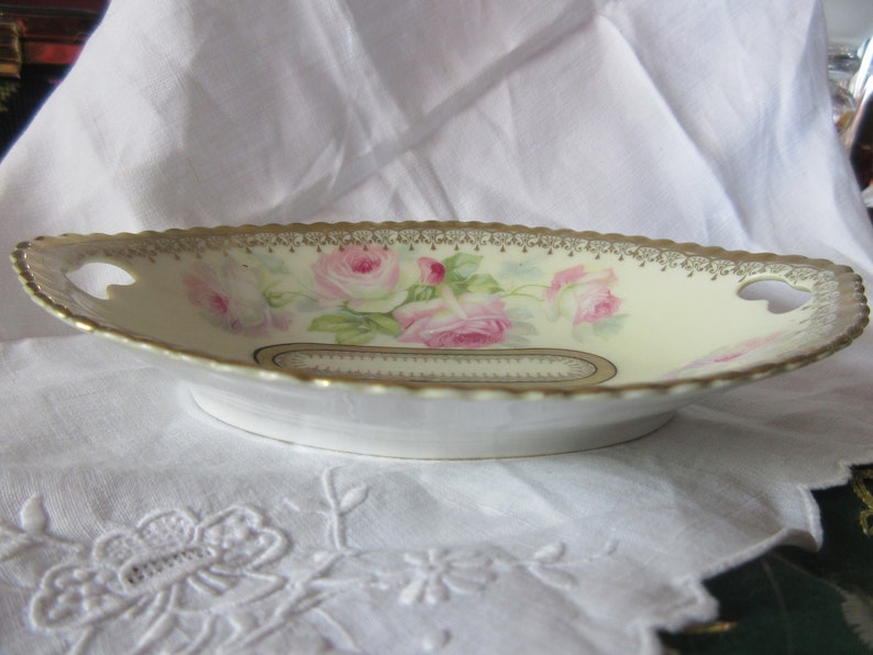 pink roses 1900 Bavarian handles candynuttrinket bowl excellent condition,collectible Edwardian art Nouveau hand painted china bowl