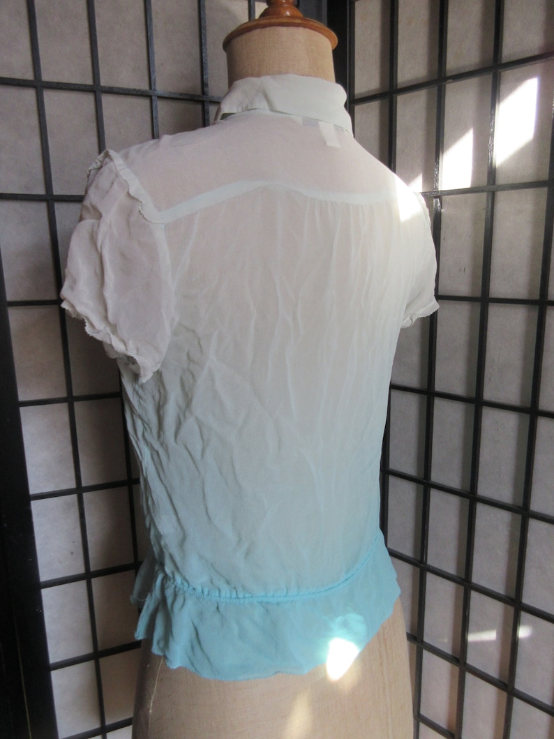 graduated blues silk chiffon summer blouse Banana Republic festival blouse,excellent condition short sleeves,boho drawstring waist
