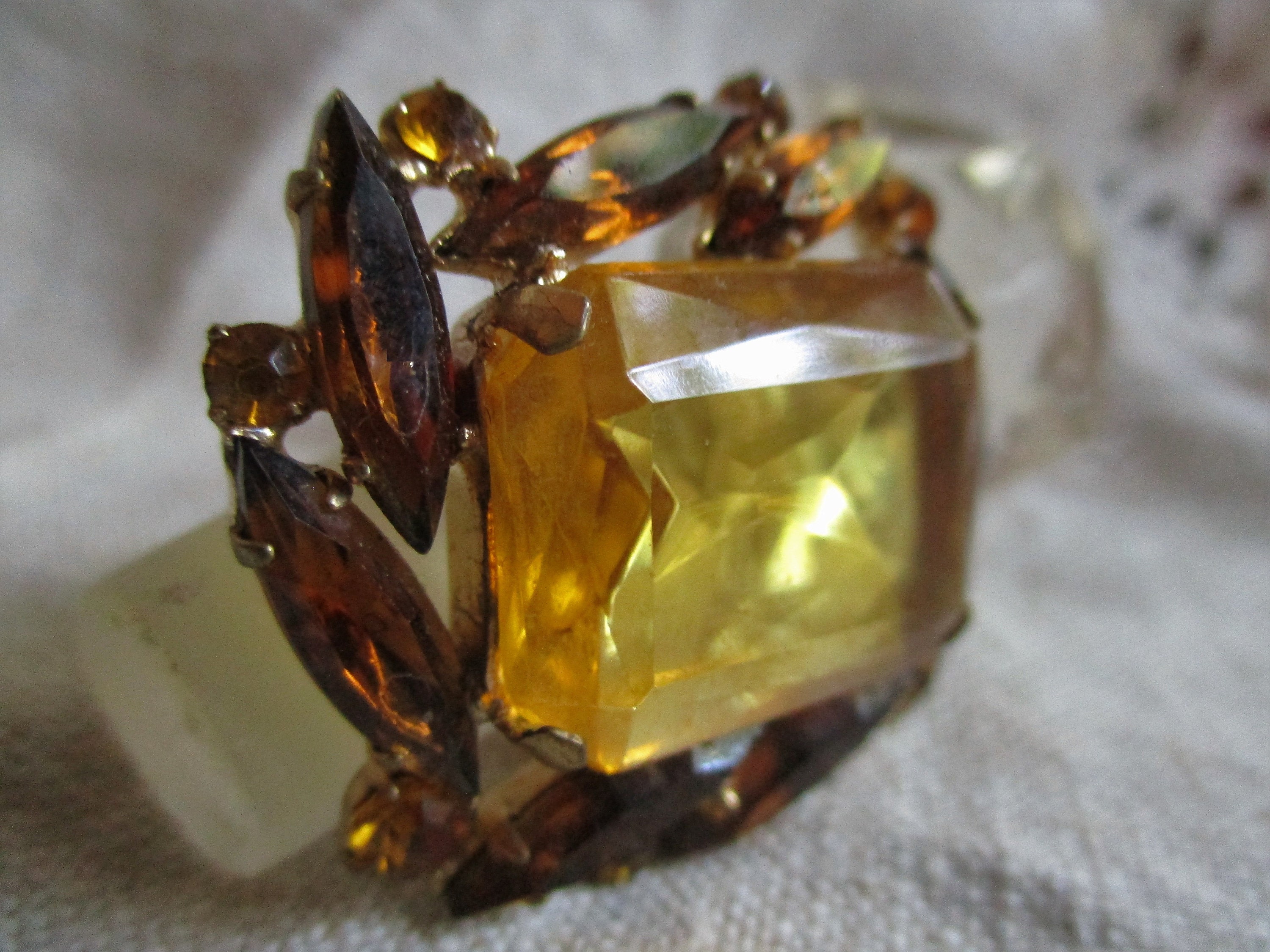 Mid Century Amber Rhinestone Brooch, Large Center Amber Glass, Dark ...