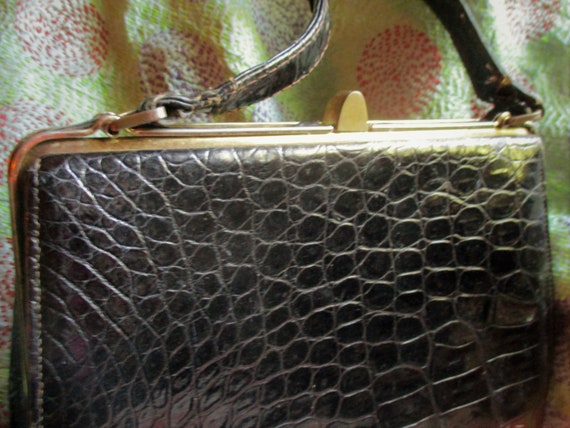 50's black alligator leather bag, classic mid cen… - image 2