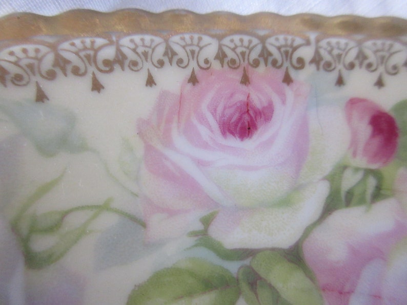 pink roses 1900 Bavarian handles candynuttrinket bowl excellent condition,collectible Edwardian art Nouveau hand painted china bowl