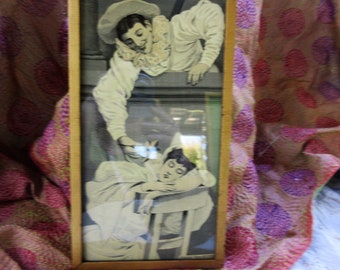 amazing woven silk picture in sharp detail, Pierrot and Pierrette, turn of century Victorian/Edwardian, black/white, original frame