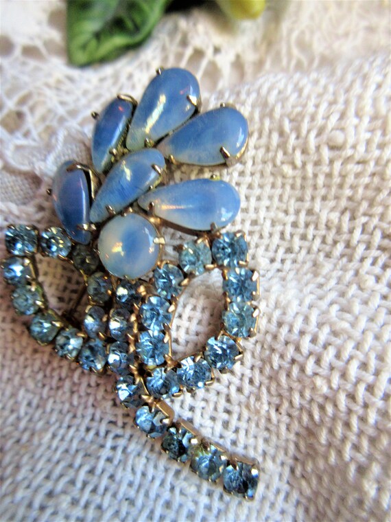 elegant pale blue opal glass and rhinestone brooc… - image 3