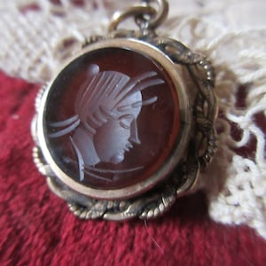 intaglio carved carnelian pendant, neo-classical head, gold filled, flip side for memorabilia, Victorian/Edwardian, antique, unusual