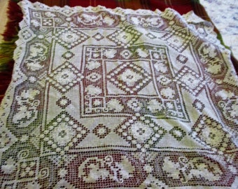 1920's hand worked Italian lace tablecloth, white, small square, 29 X 30 inches, beautiful condition, plant stand, side table, cottage chic