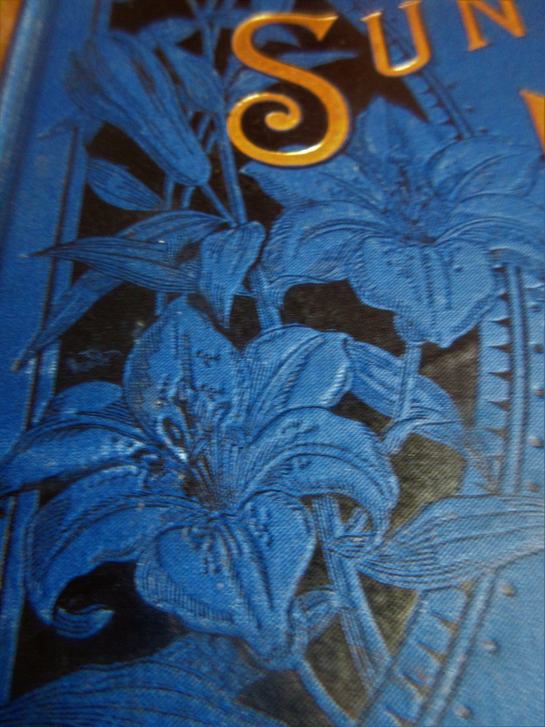 May include: A blue and gold book cover with a floral design. The cover features a large, stylized letter 'S' in gold and the word 'SUN' in gold. The floral design is made up of blue lilies with black outlines. The background is a dark blue color.