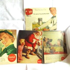 4 cartões originais de propaganda da Coca-Cola, meados do século, imagens famosas, incluindo o Papai Noel, ótimo colecionável, vintage autêntico, supercondição