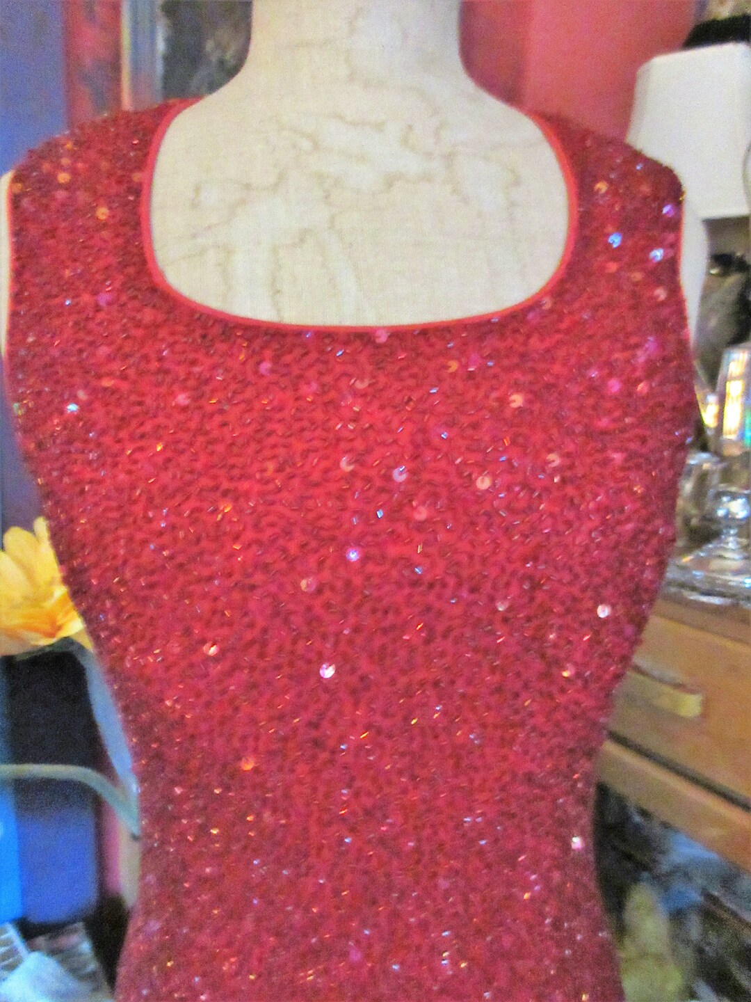 Red Silk Hand Beaded Evening Dress Torch Singer Style Wiggle Etsy