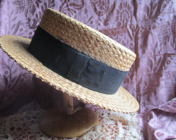 Edwardian Straw Boater Hat, Circa 1900, Woven Straw, Wide Black Band