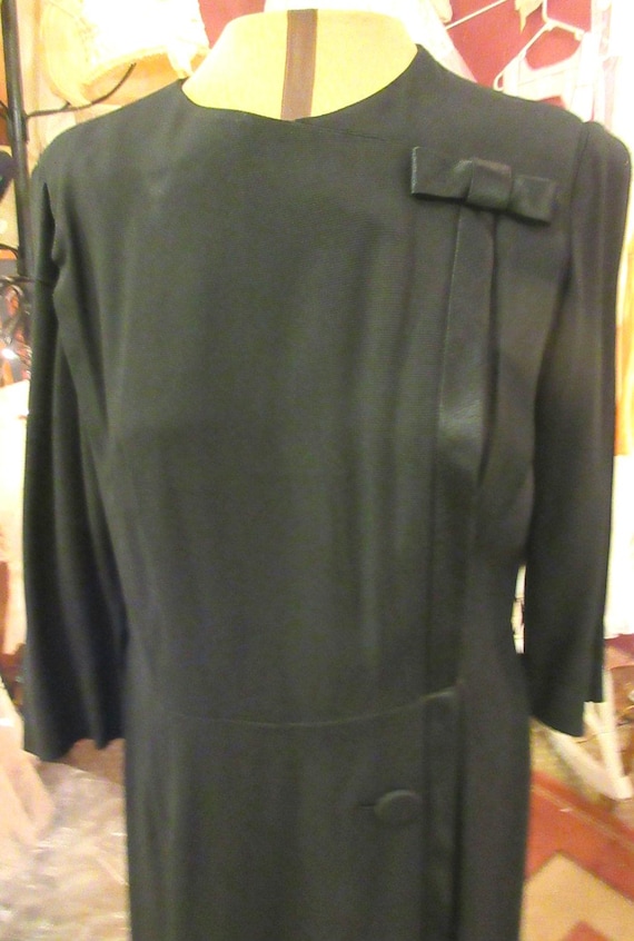 1930's/40s day dress, professional look, black rayon crepe, satin trim, 3/4 sleeve, button and bow,classy and classic,  designer quality