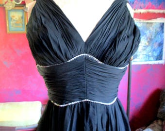 30s/40s silk evening dress, art deco, black silk chiffon, silk crepe lining, grecian style empire,full skirt, dance dress, Ginger Rogers