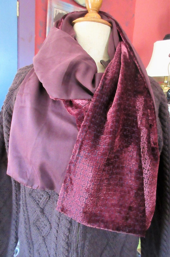 claret devore velvet and silk scarf, 2 sided, geom
