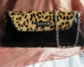 80's vintage Anne Klein purse, faux leopard print/ patent leather,detachable chain shoulder strap , clutch, retro designer