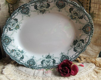 antique transferware platter, 1800's Grimwades Muriel design, hand painted gold details, dark green floral design, excellent condition