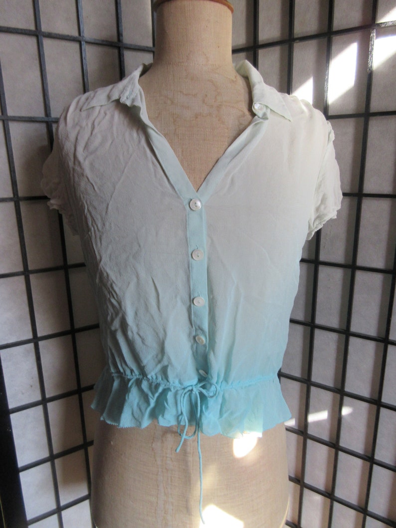 graduated blues silk chiffon summer blouse Banana Republic festival blouse,excellent condition short sleeves,boho drawstring waist