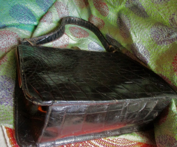 50's black alligator leather bag, classic mid cen… - image 5