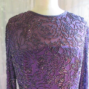 beaded silk party dress, Oleg Cassini Black tie, purple  beaded upper, chiffon layered skirt, knee length, long sleeves, excellent condition