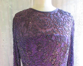 beaded silk party dress, Oleg Cassini Black tie, purple  beaded upper, chiffon layered skirt, knee length, long sleeves, excellent condition