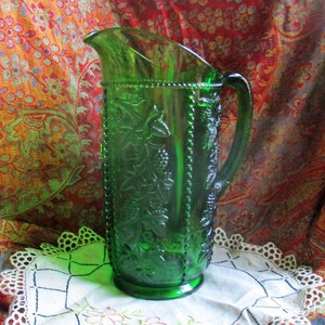 deep green molded glass pitcher, 1920's large antique pitcher, grape design, raised dots summer verandah lemonade, ice tea, home decor