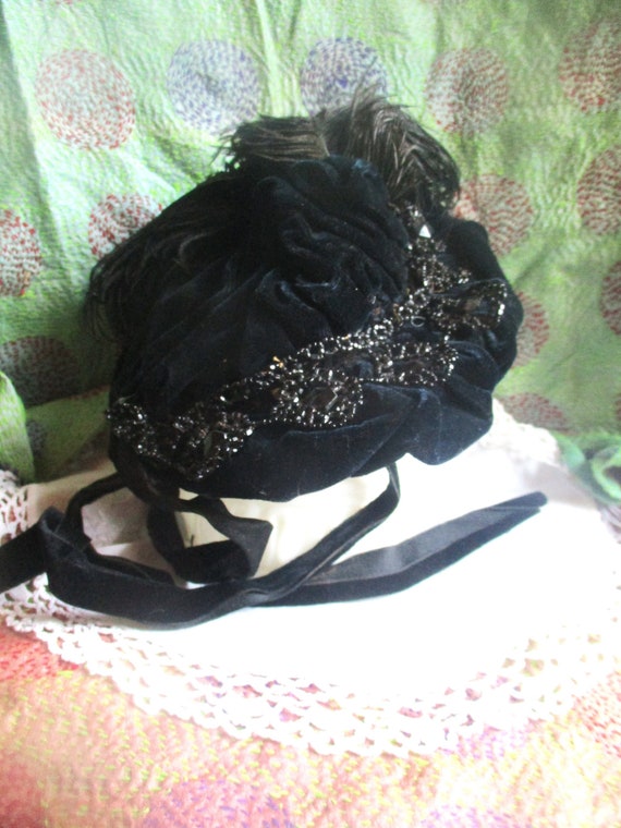 Victorian black velvet mourning bonnet, beadwork, 