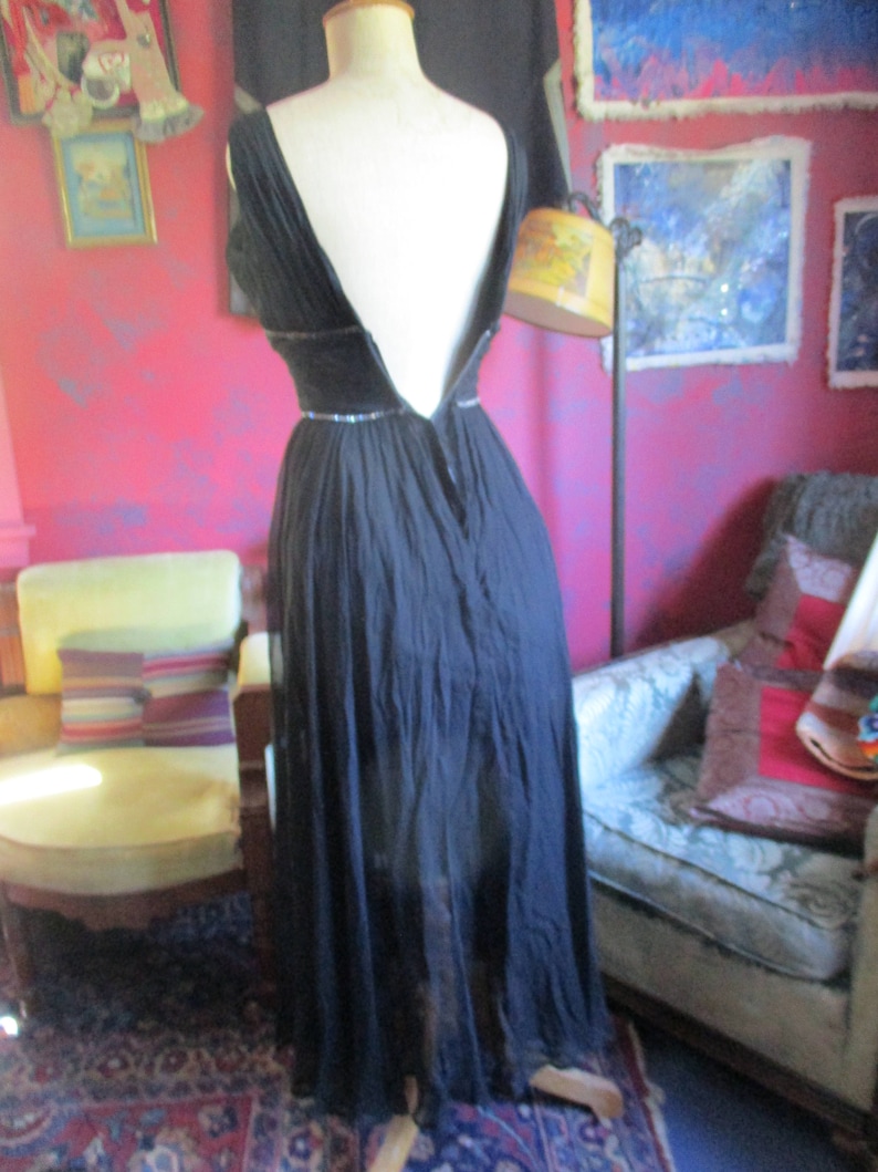 30s/40s silk evening dress, art deco, black silk chiffon, silk crepe lining, grecian style empire,full skirt, dance dress, Ginger Rogers image 4