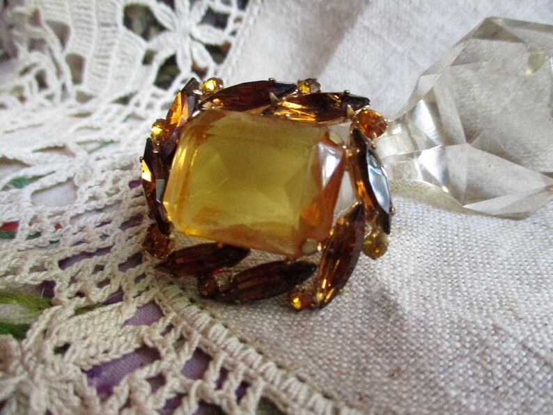 Mid Century Amber Rhinestone Brooch, Large Center Amber Glass, Dark ...